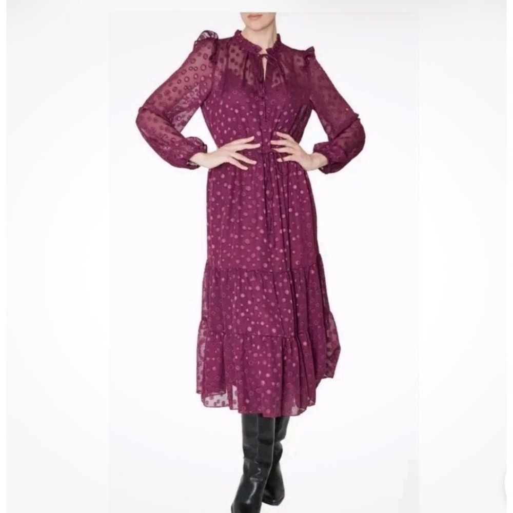 Julia Jordan Plum Purple Clip Dot Tiered Midi Dress Long Sleeve‎ Ruffle Neck 6